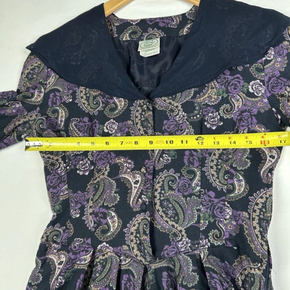 Vtg Laura Ashley Midi Blue Purple Paisley Basque Dress Modest Cottagecore US 8 - Picture 13 of 16